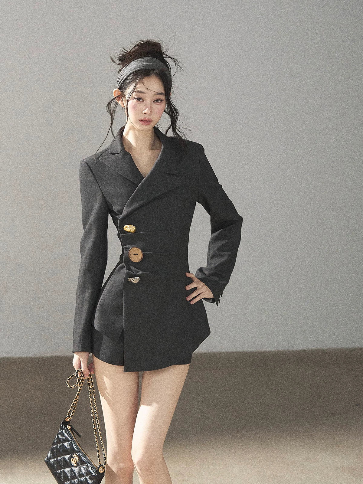 AOMALM - Deep Slate Gray Tailored Blazer & Shorts Set