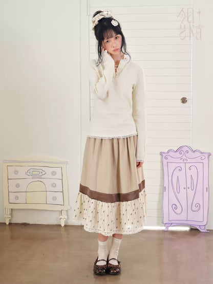 DAILY ARTIST - Cream Beige Henley Bubble Gauze Lace-Trim Top