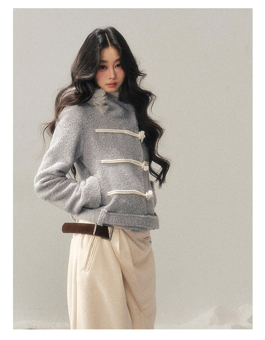 少也眼 "Silent Devotion" Quilted Fringe Wool Coat - Mist Blue