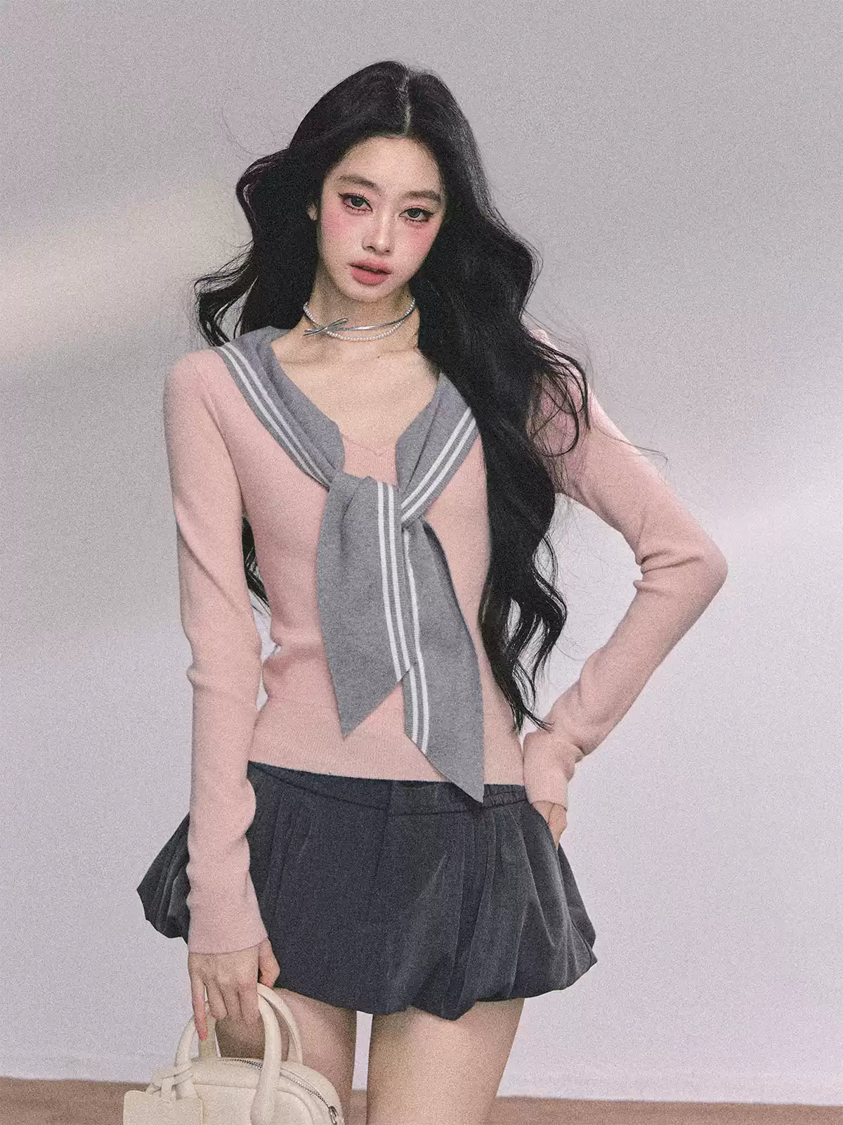 少也眼 Nautical Sailor Collar Long Sleeve Knit Tee
