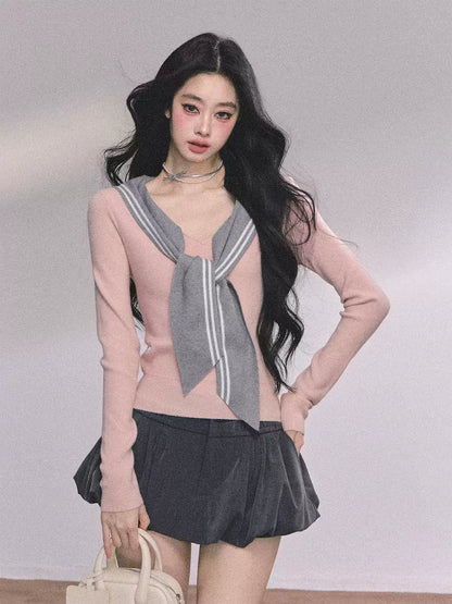 少也眼 Nautical Sailor Collar Long Sleeve Knit Tee
