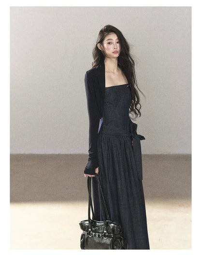 AOMALM - Navy Denim Long Dress with Matching Cardigan & Side Slit