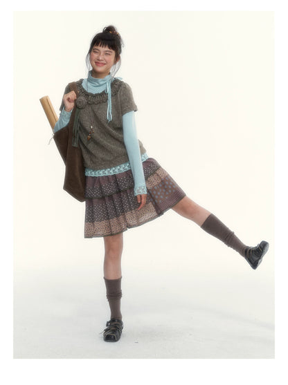 “Mint Milk Pudding” Mint Blue Lace-Trimmed Mock Neck Knit Top