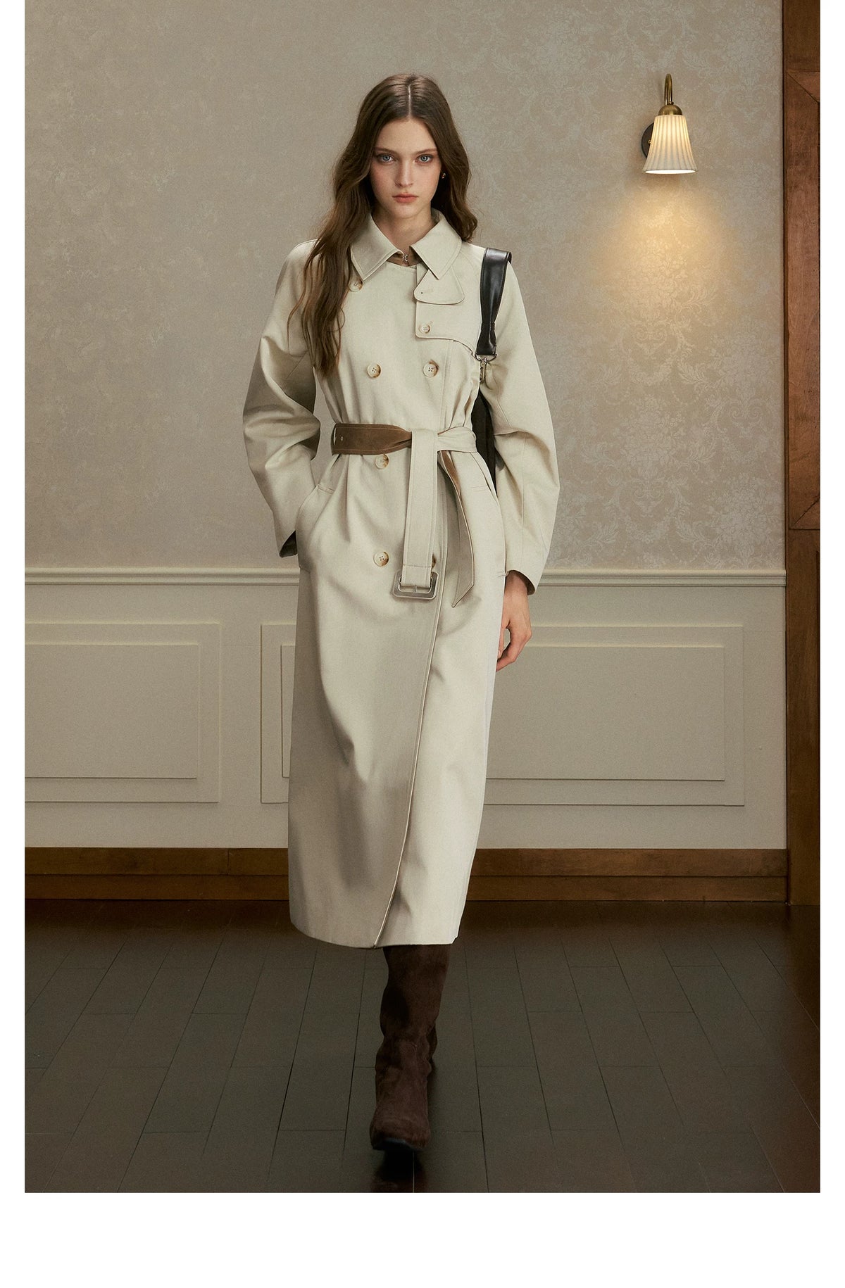 oshea - Moonlight Gray Double-Breasted Belted Long Trench Coat