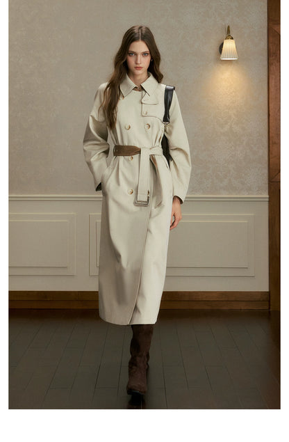 oshea - Moonlight Gray Double-Breasted Belted Long Trench Coat