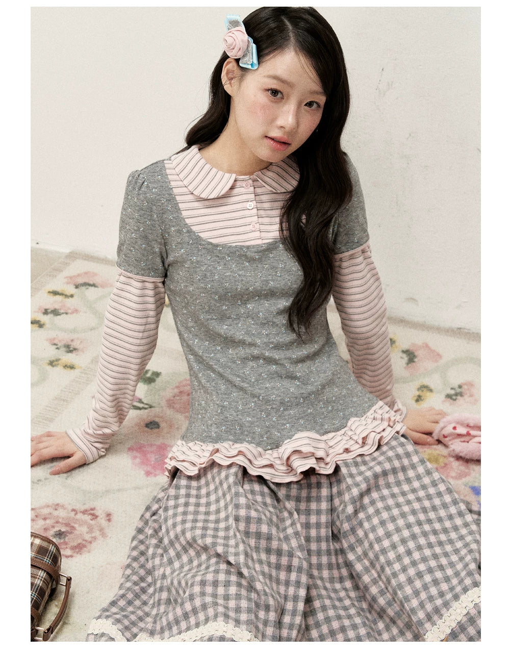[RF] Floral Gray Pink Faux Two-Piece Striped Layered Blouse with Peter Pan Collar