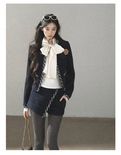 AOMALM - Navy Tweed Jacket & Skort Set with Dutch Cheese Top