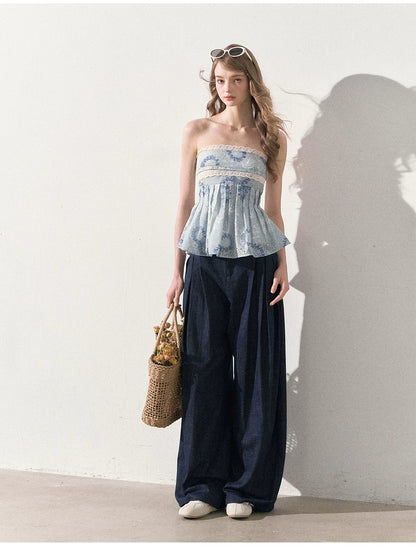 "Weekend Market" Blue Porcelain Peplum Tube Top