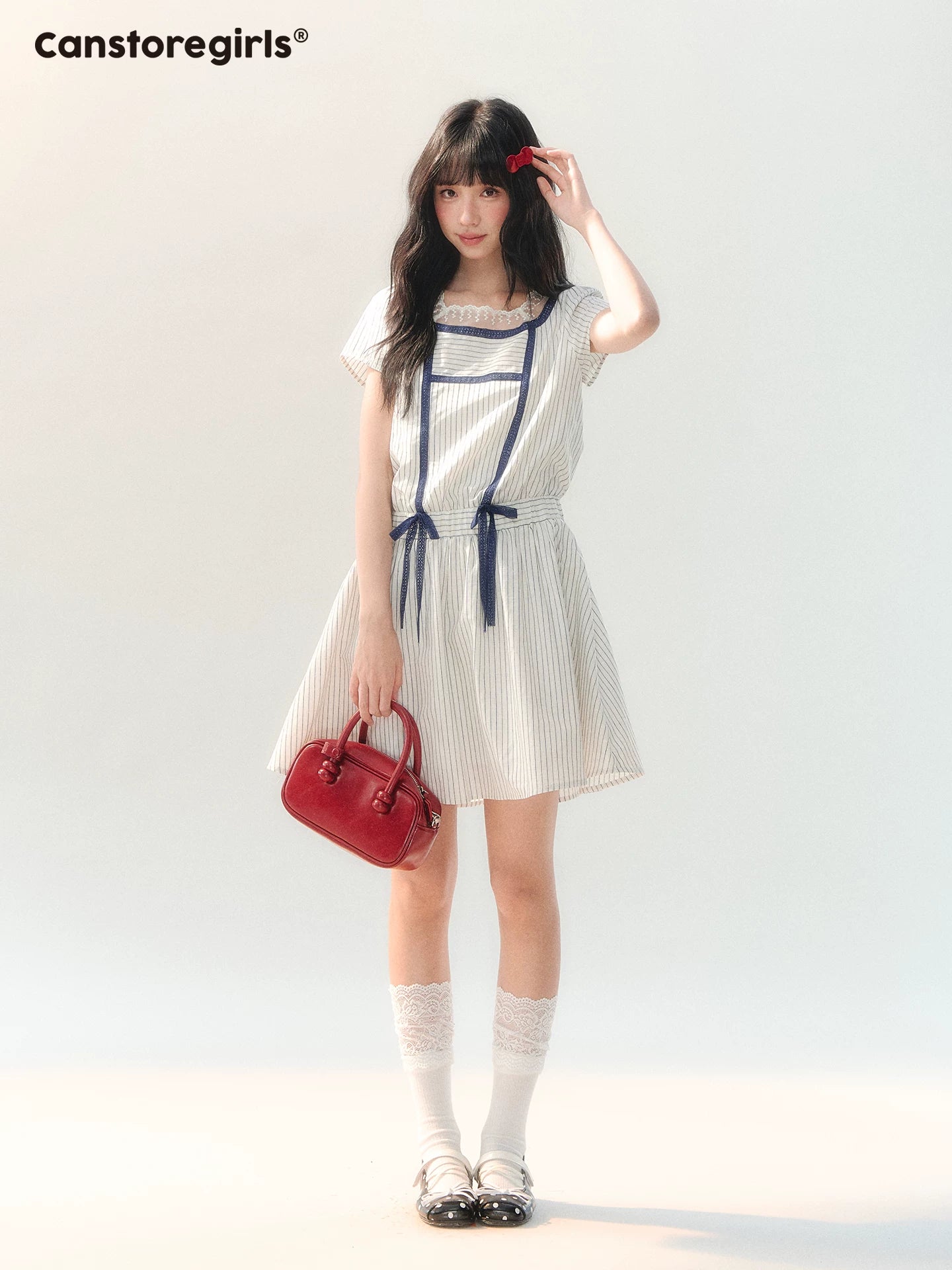 170726C "Midsummer Whisper" White Lace Collar Tie-Waist Dress