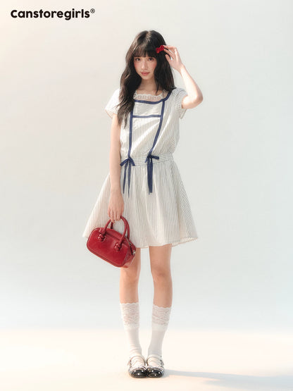 170726C "Midsummer Whisper" White Lace Collar Tie-Waist Dress