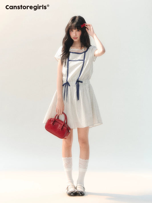 170726C "Midsummer Whisper" White Lace Collar Tie-Waist Dress