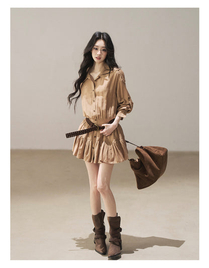 170726 "Through the Golden Wheat Fields" Chestnut Brown Utility Shirt Mini Dress with Belt & Shorts