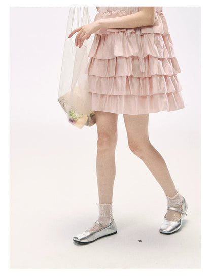 "Misty Pink Reverie" Petal Pink Lace Tie Tiered Sleeveless Dress