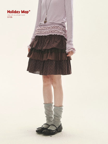 "Caramel Lace Notes" Brown Polka Dot Tiered Lace Midi Skirt