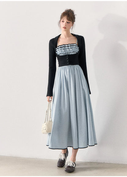 [TMMG] French Vintage Ruffle Dress & Cropped Knit Cardigan Set