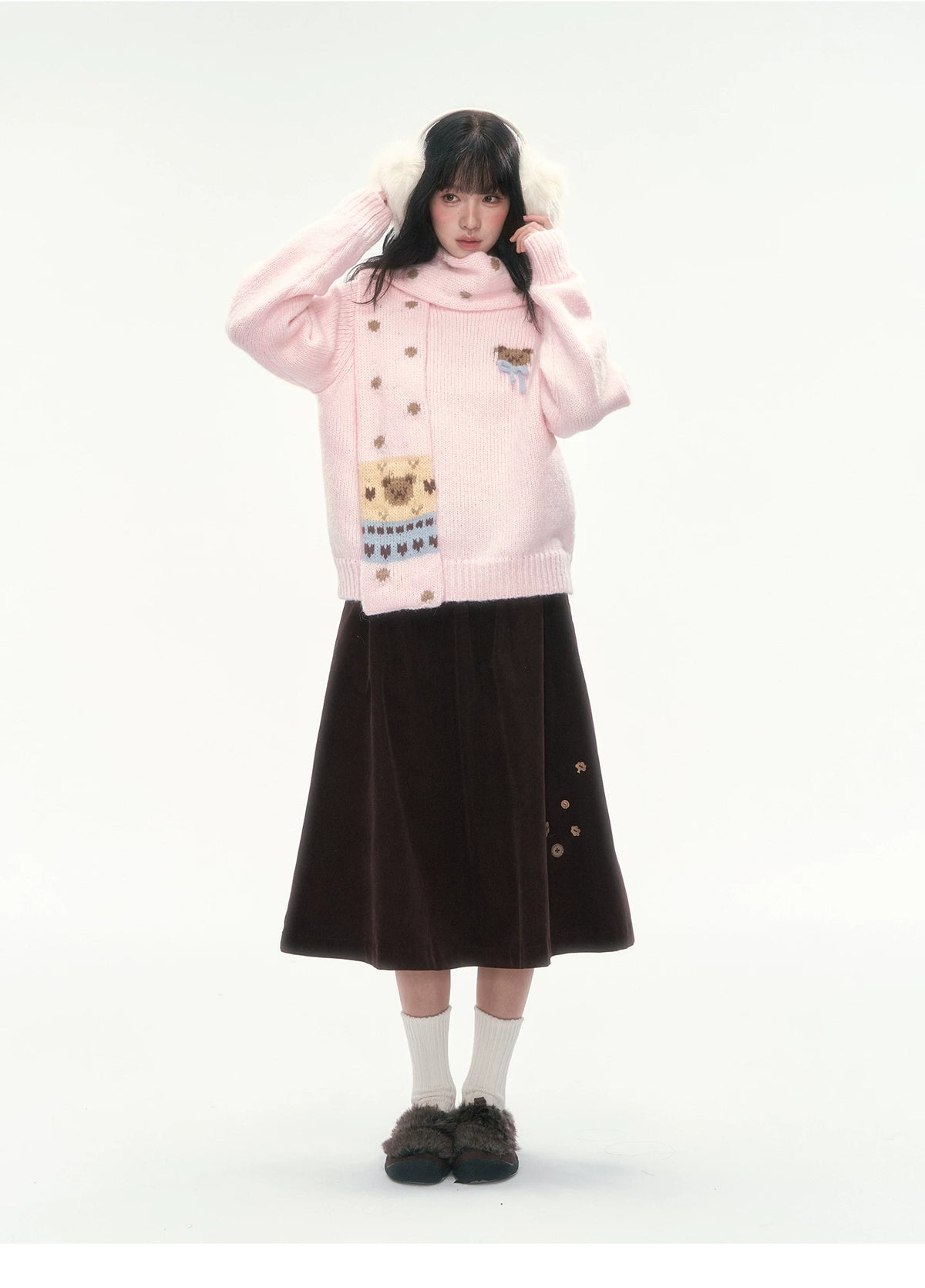 CAN - "The Little Bear Affair" Light Pink Teddy Bear Bow Jacquard Sweater