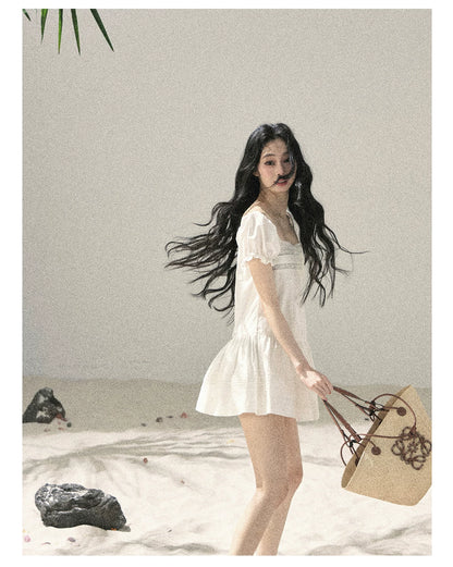 "Light as a Cloud" Frost White Puff Sleeve Lace Babydoll Mini Dress