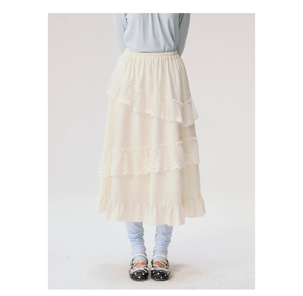 [CAN] "Soft Whisper" Ivory Embroidered Lace Layered Midi Skirt