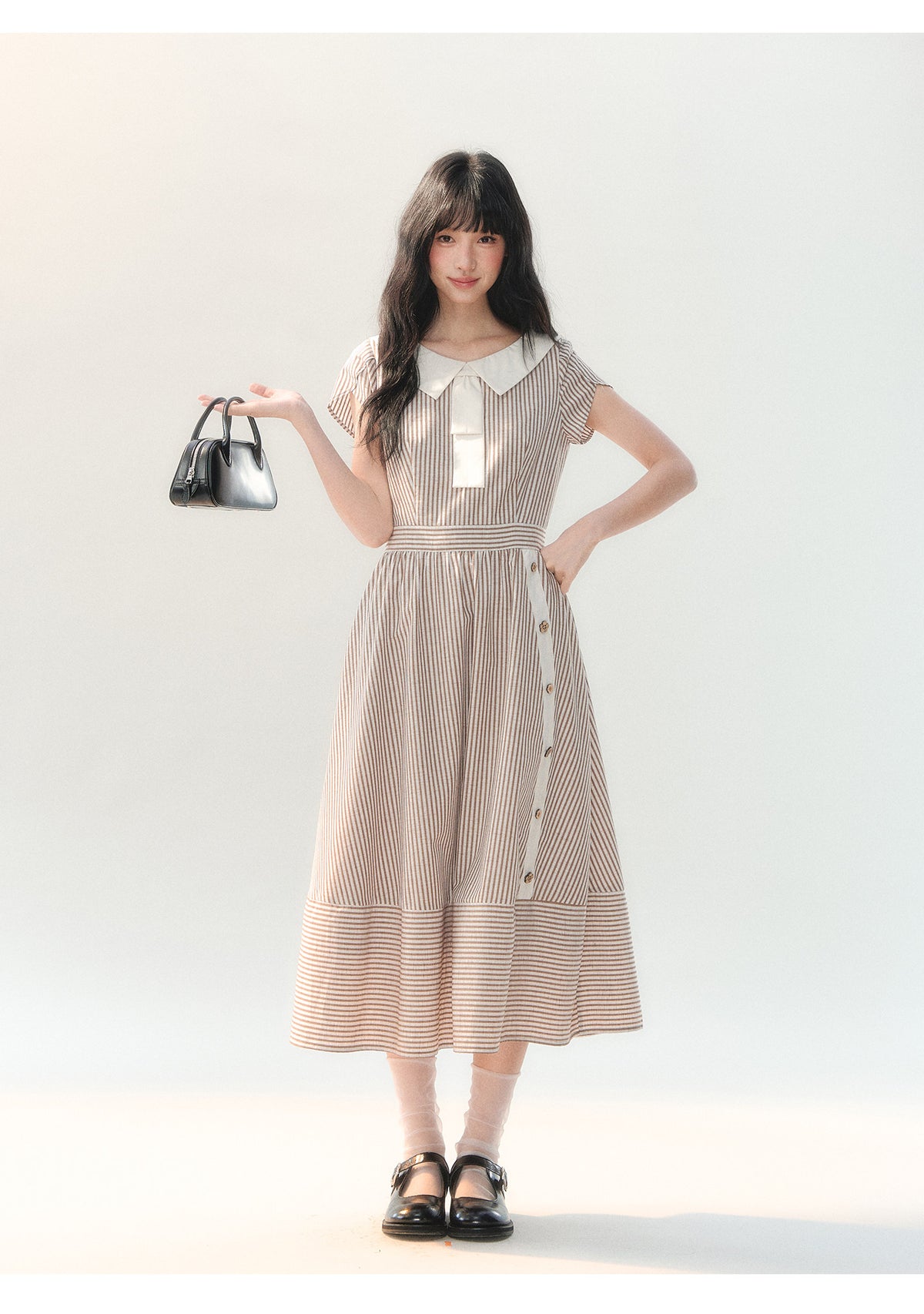 [CAN] "Coffee Meets Cream" Mocha Stripe Bow Collar Dress