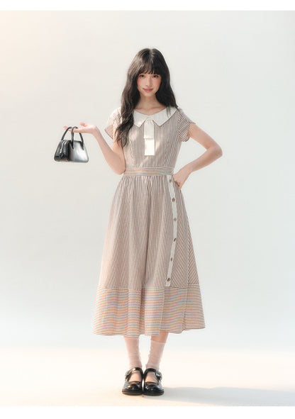 [CAN] "Coffee Meets Cream" Mocha Stripe Bow Collar Dress
