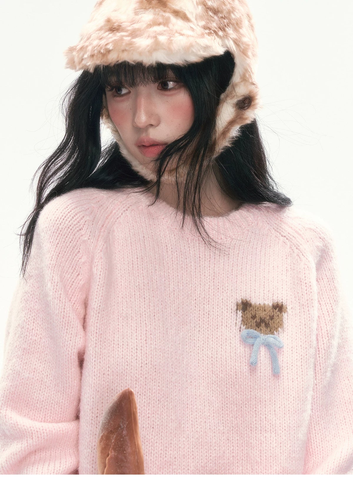 CAN - "The Little Bear Affair" Light Pink Teddy Bear Bow Jacquard Sweater