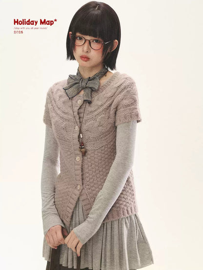 "Rice Knit" Wool-Blend Short Sleeve Knit Cardigan (Moss Coffee Green/ Dusk Dusty Pink)