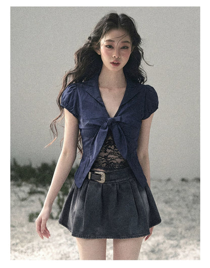 "Shimmer Across the Sea" Denim Bubble Skort (Rock Black/ Vintage Blue)