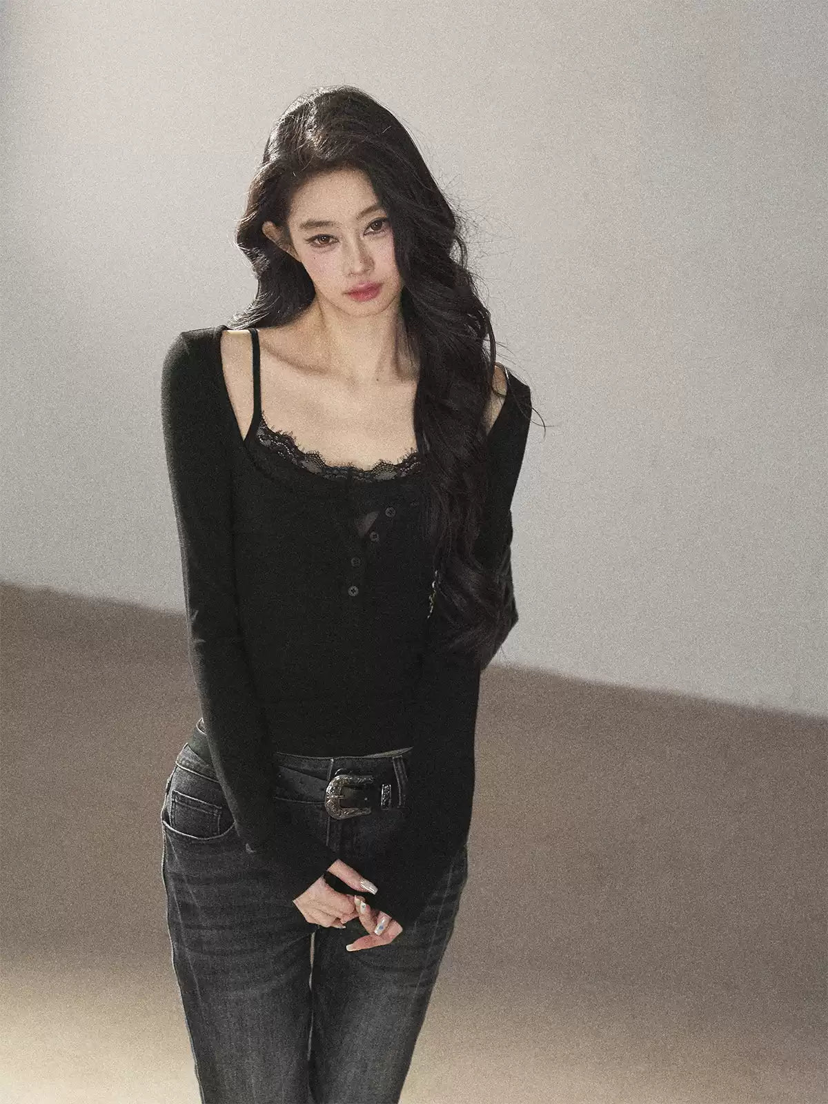 AOMALM - "Dappled Tree Shadows" Serene Black Korean Lace Camisole Long-Sleeve Top Set