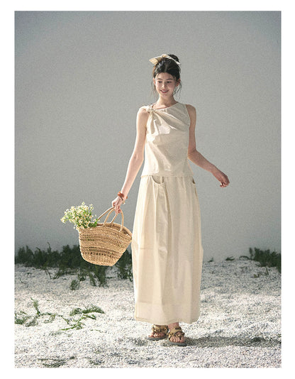 “Ivory Pleated Verse” Soft White Asymmetrical Twist Top & Skirt