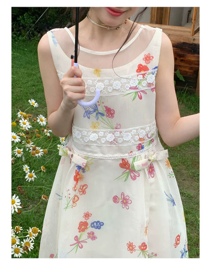[RF] “Sunlit Wildflower Reverie” Ivory Floral Tulle Maxi Dress