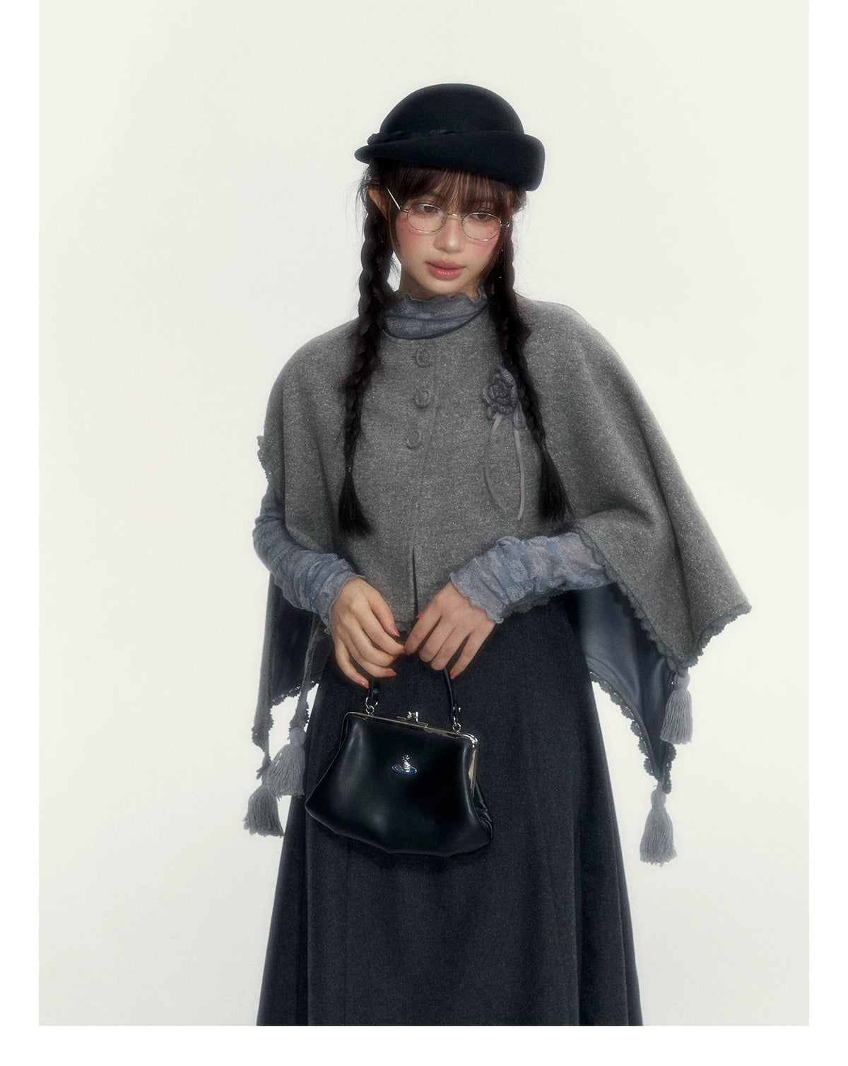 Vintage Double-Breasted Wool Dress & Knit Fringe Cape Set