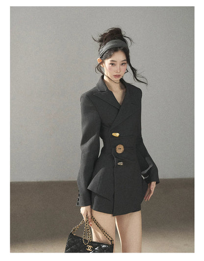AOMALM - Deep Slate Gray Tailored Blazer & Shorts Set