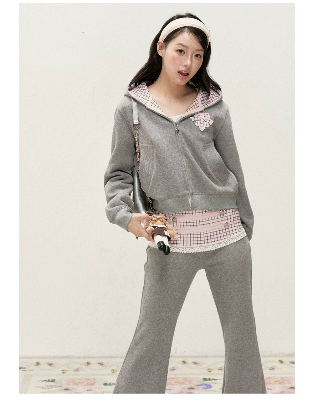 [RF] Soft Gingham Color-Block Hoodie and Flare Pants Set (Blue / Mauve)
