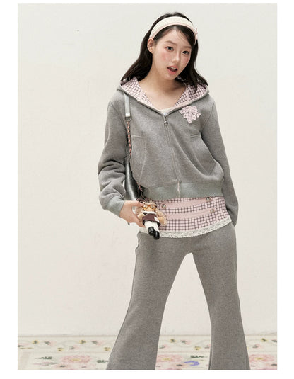 [RF] Soft Gingham Color-Block Hoodie and Flare Pants Set (Blue / Mauve)