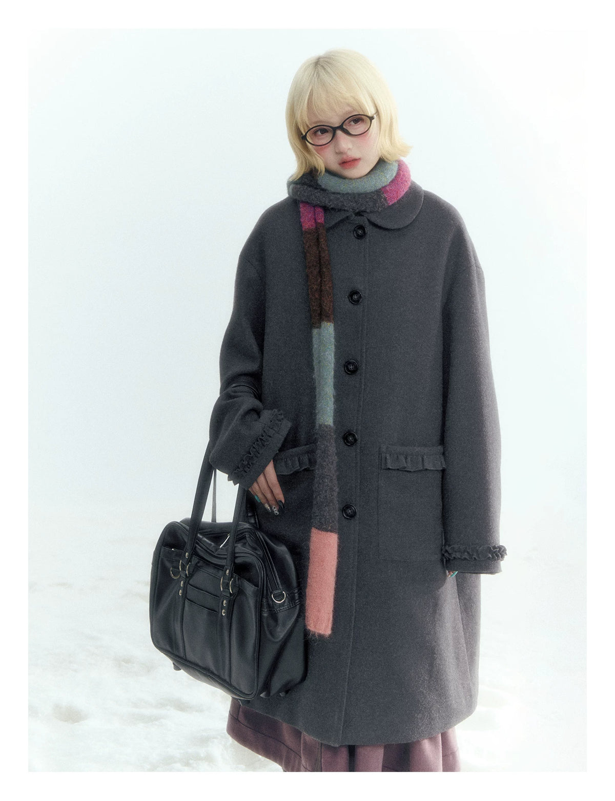 Horridale - Korean-Inspired Dark Gray Ruffle-Trim Long Wool-Blend Coat