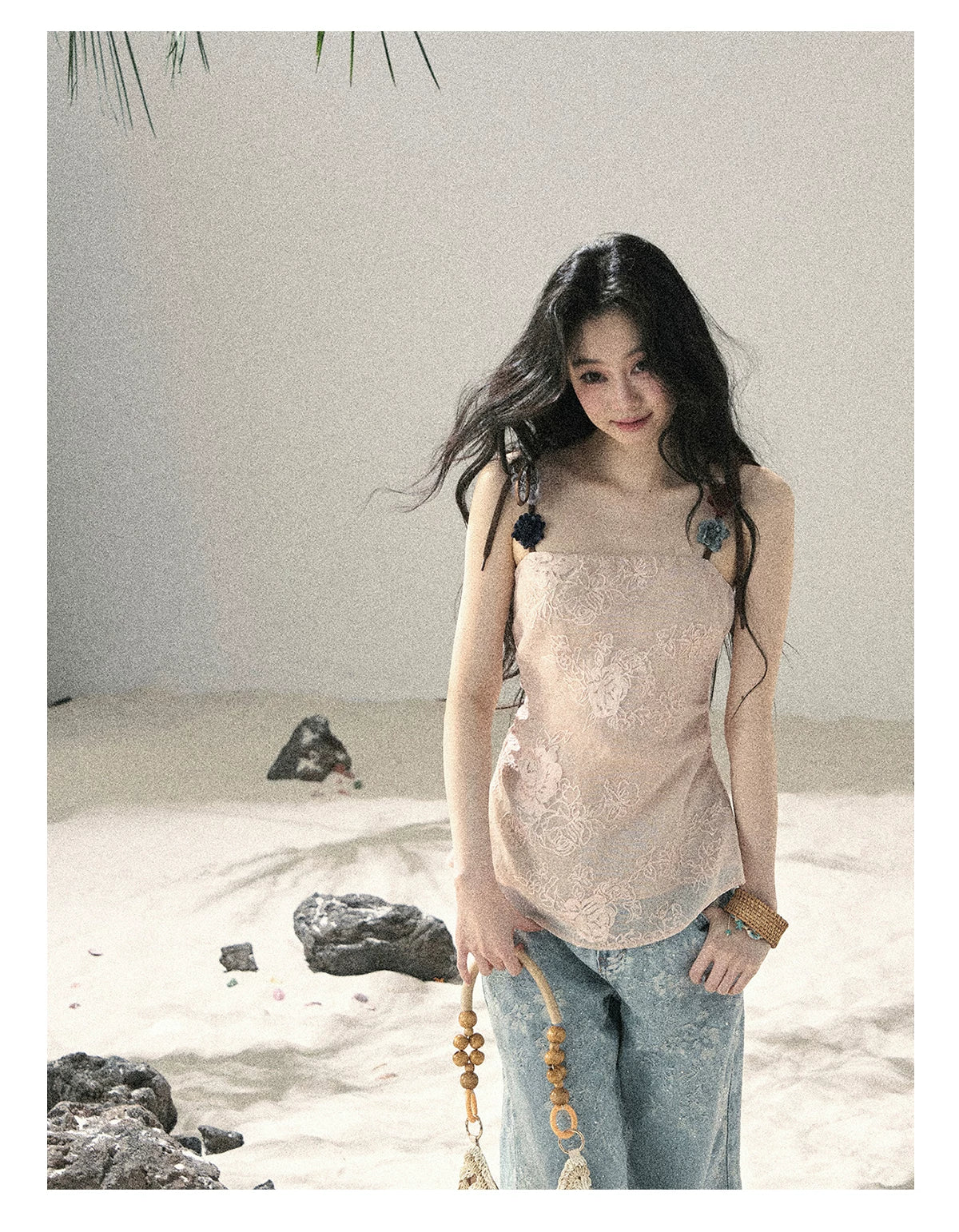"Begonia in the Evening Breeze" Lotus Pink Embroidered Floral Cami Top