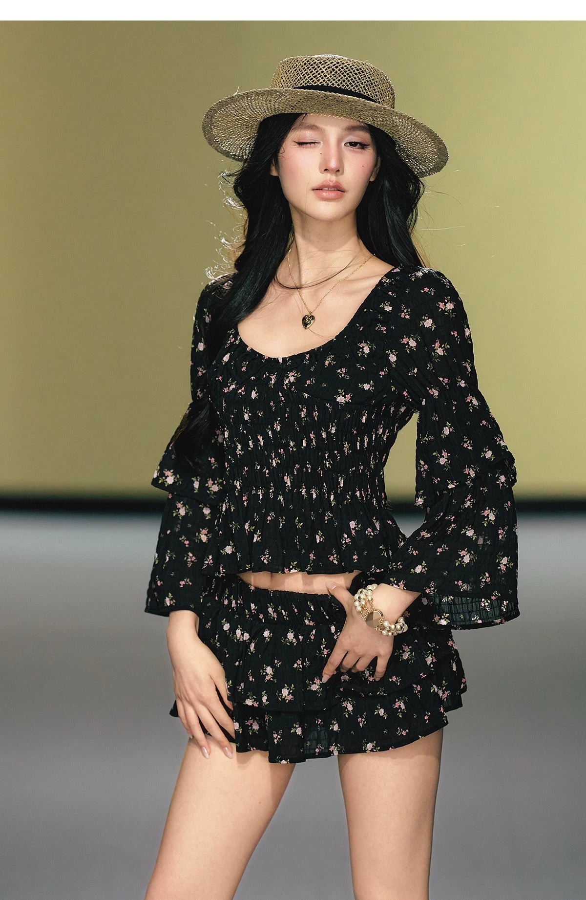 "Midnight Tea Garden" Black Floral Ruffle Blouse & Tiered Mini Skirt Set