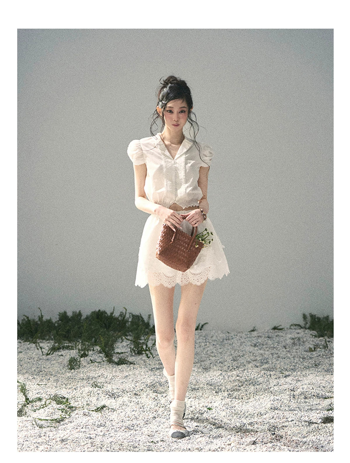 "Rose Petals in Secret" Cloud White Lace Two-Piece Skirt Set 142453
