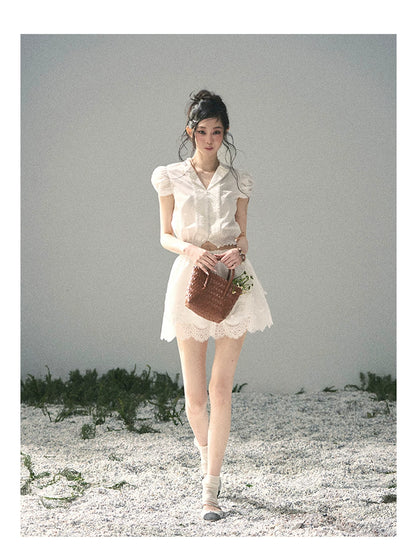 "Rose Petals in Secret" Cloud White Lace Two-Piece Skirt Set 142453