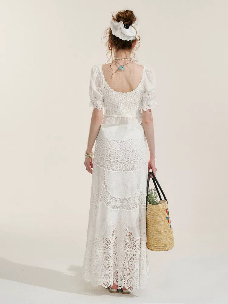 White Floral Embroidery Crochet-Detail Blouse