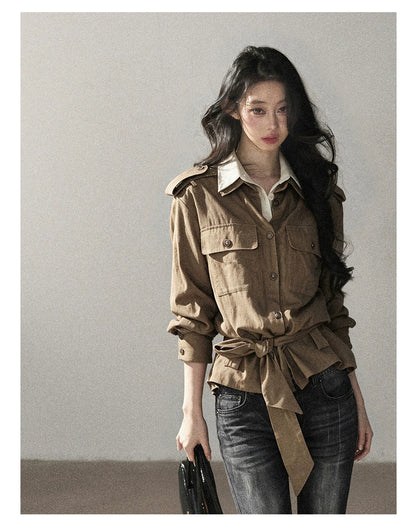 AOMALM - "The Final Chapter of an Old Dream" Roasted Pecan Brown Faux Two-Piece Linen Top with Belt