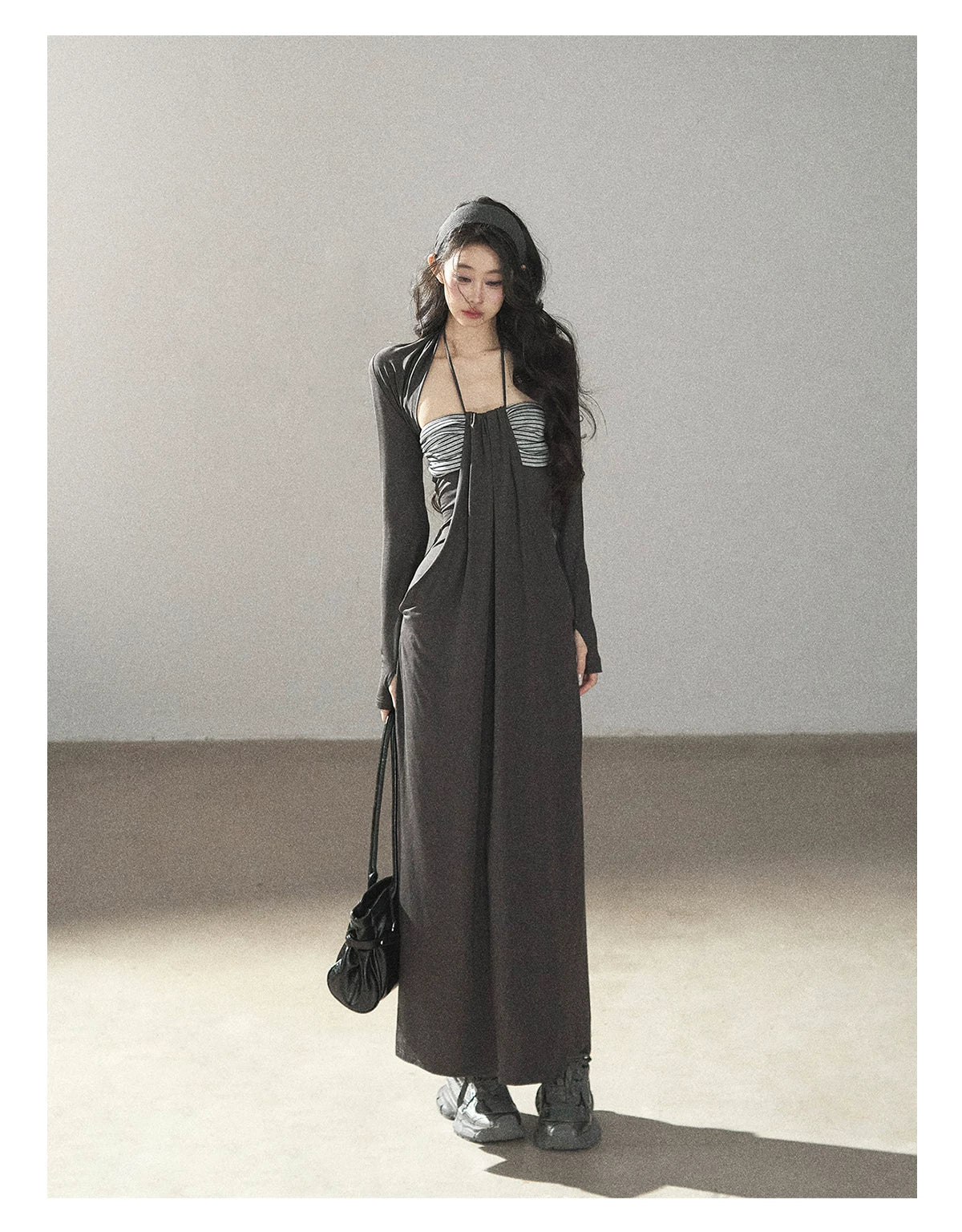 AOMALM - "Twilight River Cove" Cloud Mist Gray Striped Knit Shoulder Wrap Dress Set