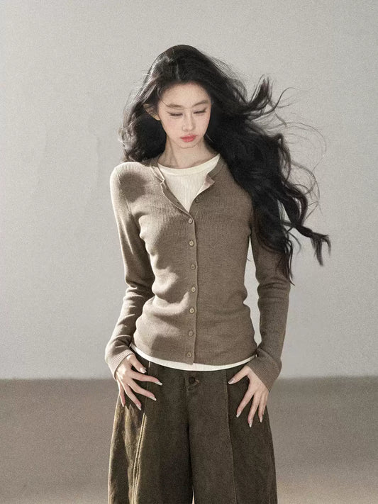 AOMALM - "Autumn in Every Stitch" Milk Tea Ribbed Knit Top