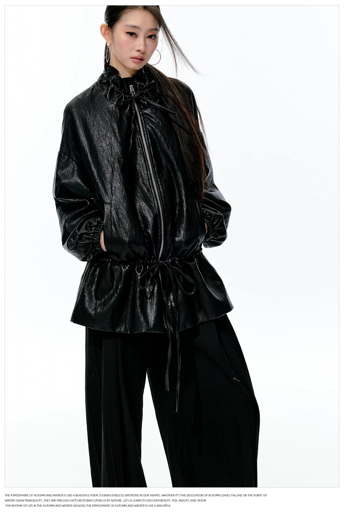 JN's DESIGN - Black Drawstring Faux Leather Jacket with Lace Back Detail