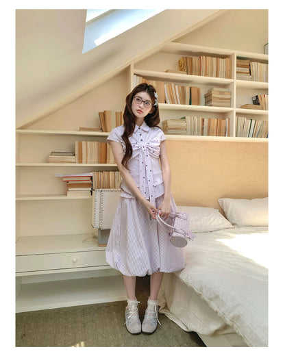 [RF] “Milk Taro Fizz” Soft Purple Striped Blouse & Bloom Skirt Set (Light Blue / Lavender)
