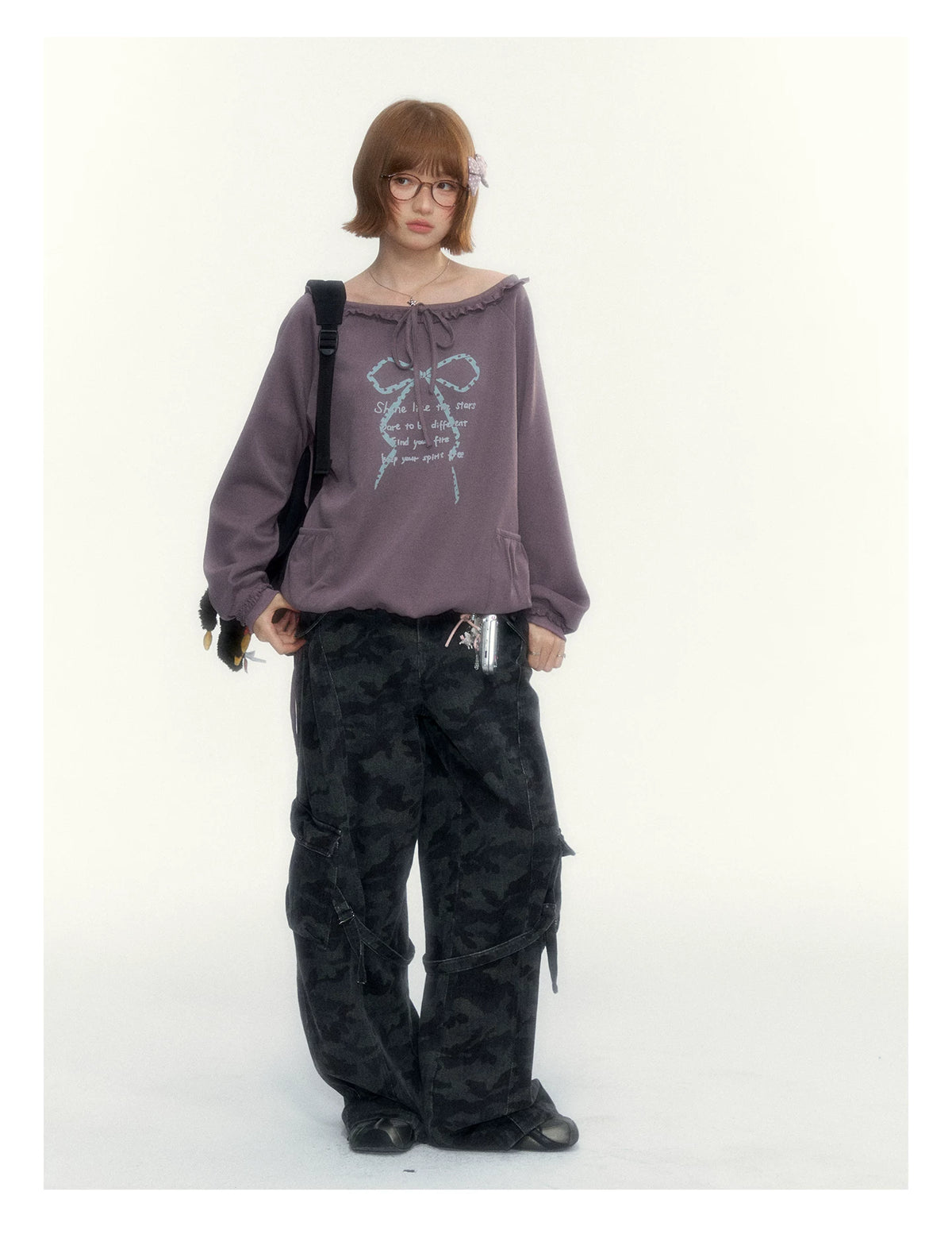 Deep Purple Bow-Tie Lettuce-Trim Off-Shoulder Sweatshirt