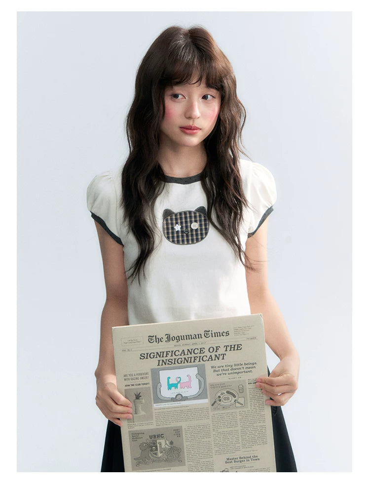 "Hide and Seek" Ivory Cat Patchwork Embroidered Puff Sleeve T-Shirt