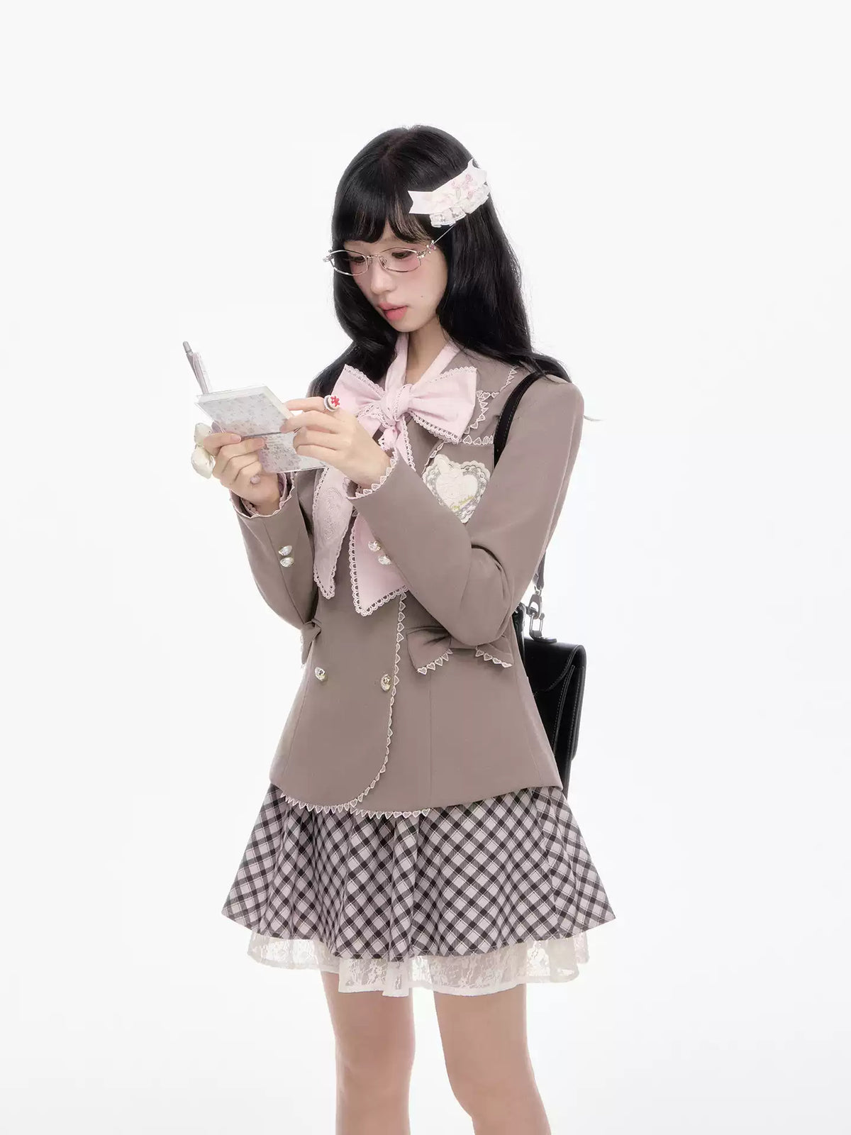 “Melody Academia” Pink Blazer + Blush Pink Shirt + Black & White Plaid Skirt Set