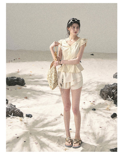 “Untouched Ivory” Milkshake Yellow Lace Puff Sleeve Blouse
