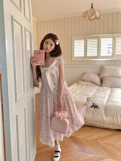 [RF] “Polka Dot Pudding” Soft Mist Pink Bow Lace-Trimmed Dress